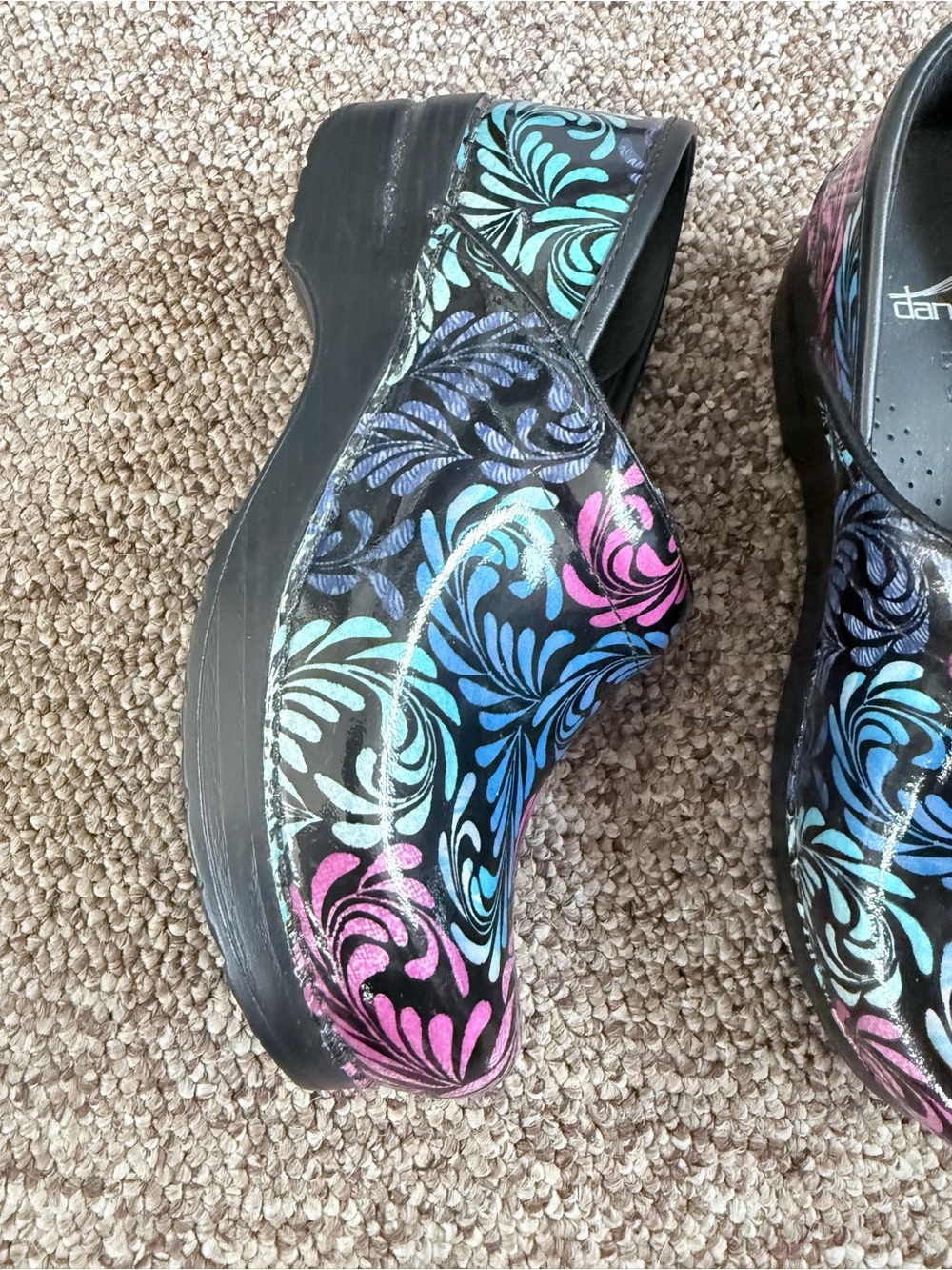 Dansko Black Clogs with Pink & Blue Floral Swirl - Picture 3 of 8